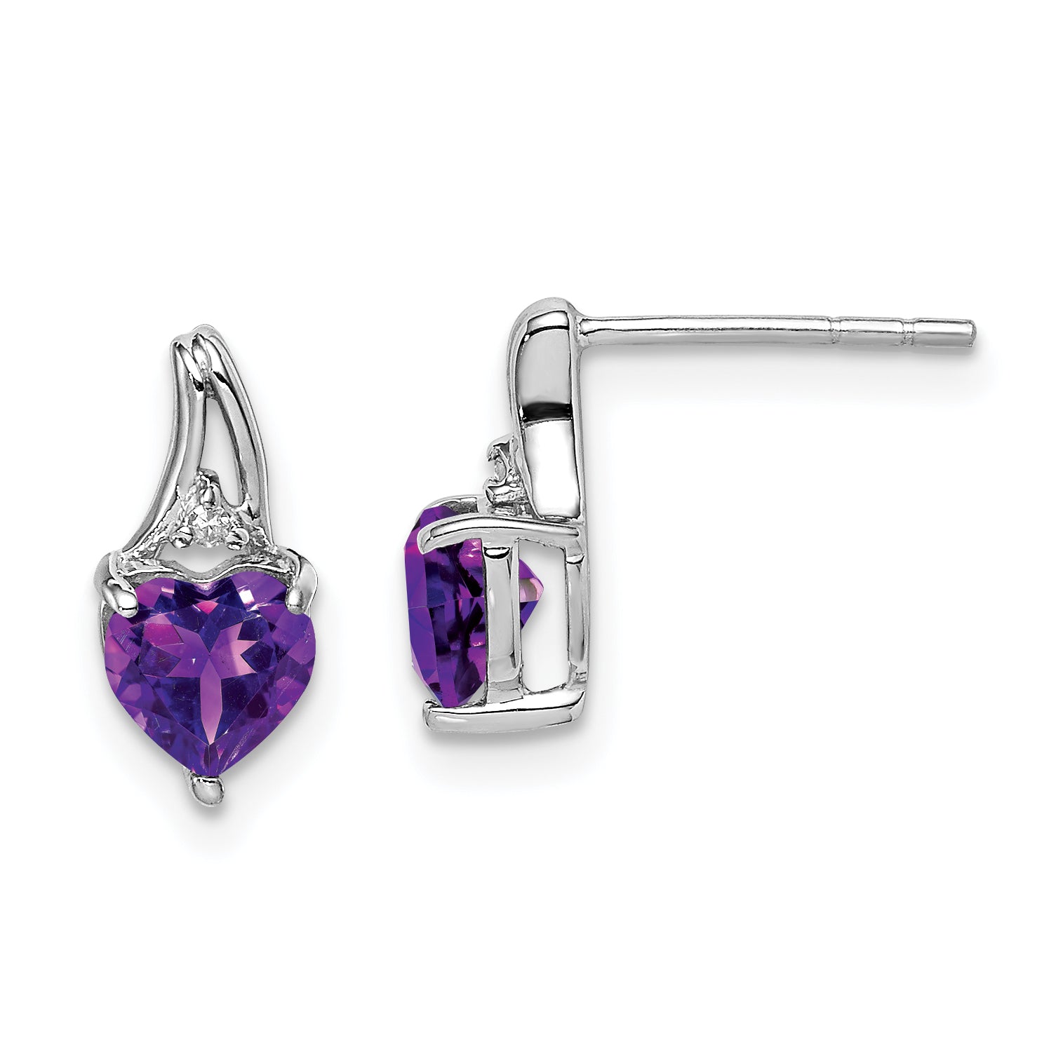 Sterling Silver Rhodium Plated Diamond and Amethyst Heart Post Earrings Main image