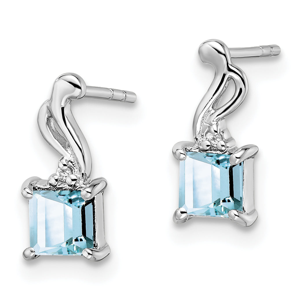 Sterling Silver Rhodium Plated Dia. Aquamarine Square Post Earrings Secondary image