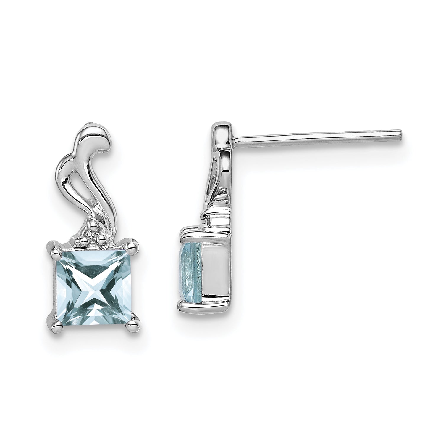 Sterling Silver Rhodium Plated Dia. Aquamarine Square Post Earrings Main image