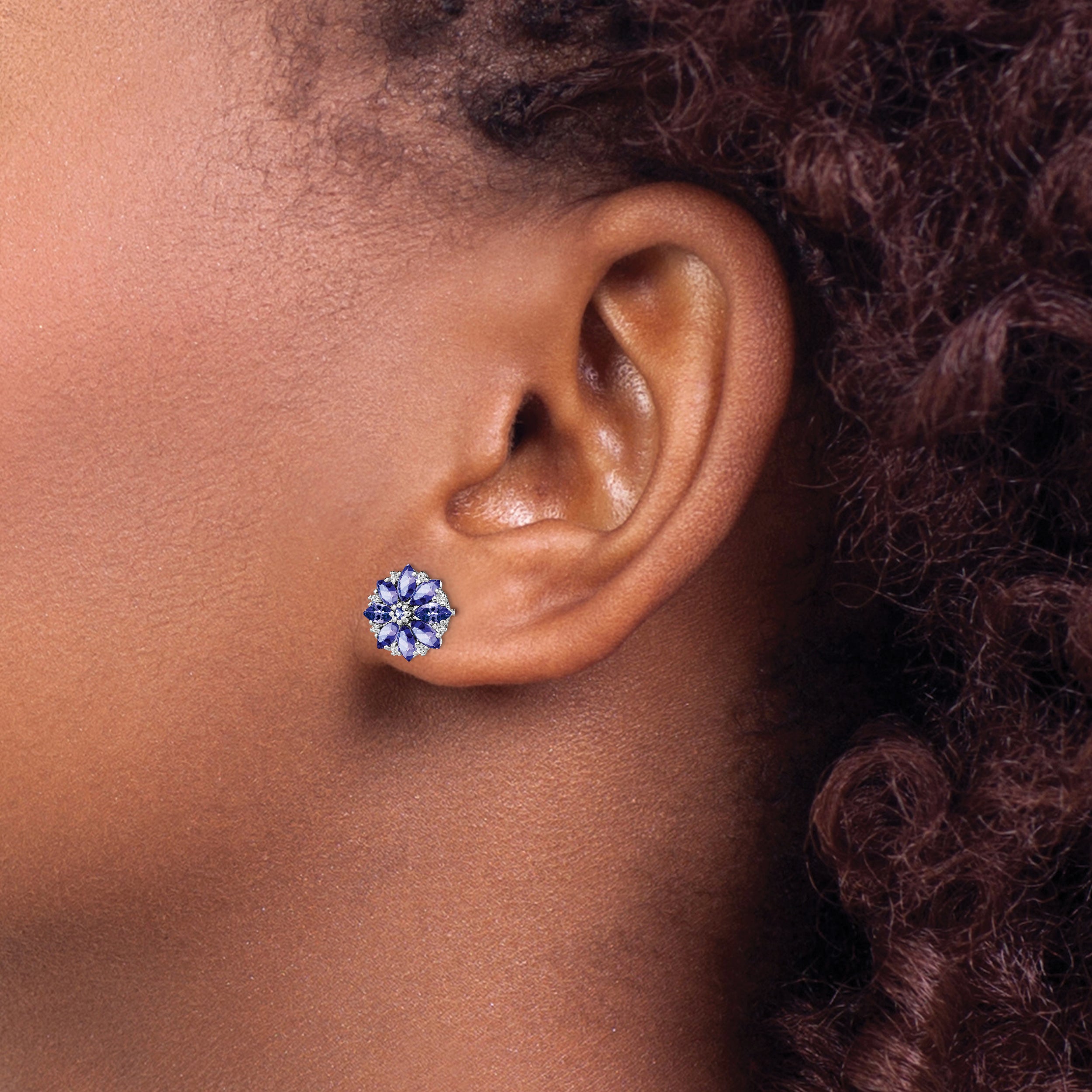 Sterling Silver Rhodium Plated Diamond & Tanzanite Post Earrings