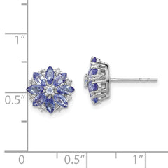 Sterling Silver Rhodium Plated Diamond & Tanzanite Post Earrings