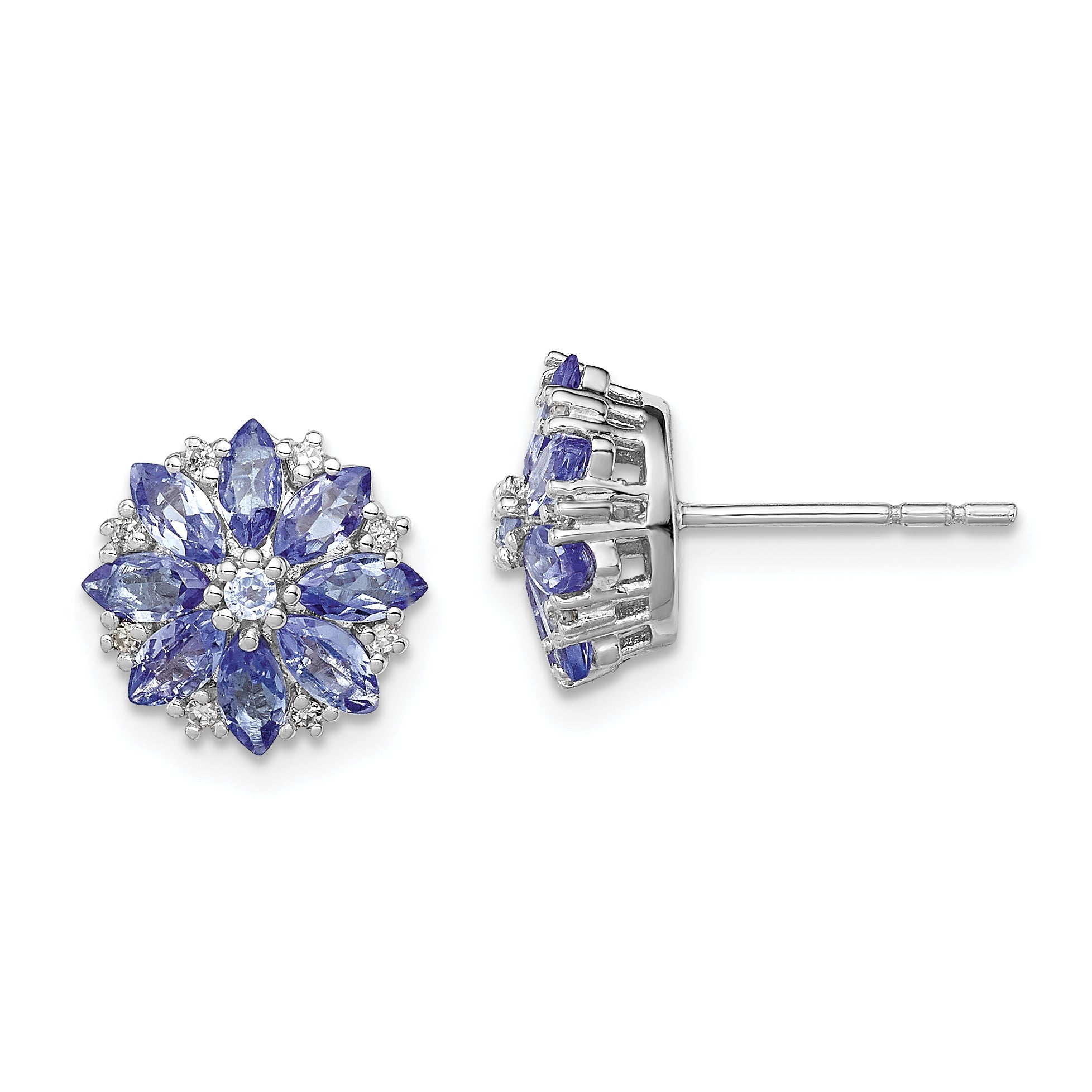 Sterling Silver Rhodium Plated Diamond & Tanzanite Post Earrings