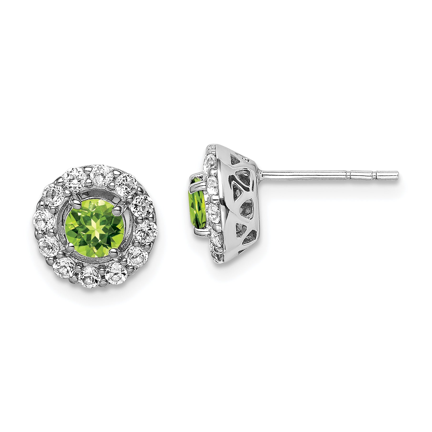 Sterling Silver Rhodium Plated White Topaz and Peridot Round Earrings