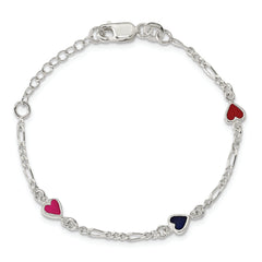 Sterling Silver Polished & Multi-color Enameled Hearts with 1 Inch Extension Children's Bracelet