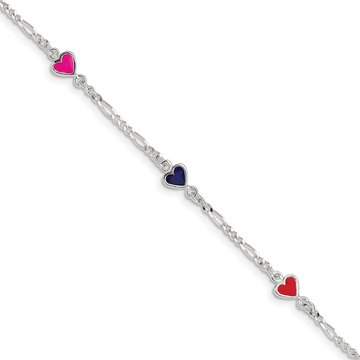 Sterling Silver Polished & Multi-color Enameled Hearts with 1 Inch Extension Children's Bracelet