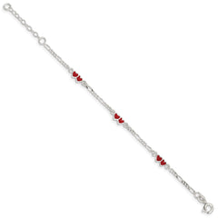 Sterling Silver Polished & Multi-color Enameled Double Heart with 1 Inch Extension Children's Bracelet