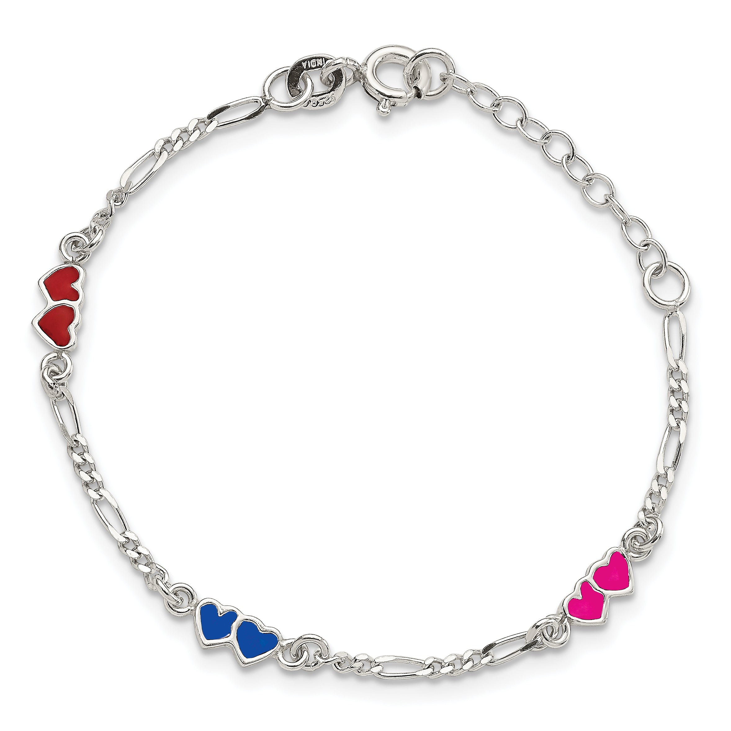 Sterling Silver Polished & Multi-color Enameled Double Heart with 1 Inch Extension Children's Bracelet
