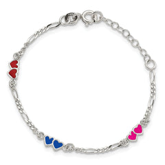 Sterling Silver Polished & Multi-color Enameled Double Heart with 1 Inch Extension Children's Bracelet