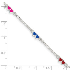 Sterling Silver Polished & Multi-color Enameled Double Heart with 1 Inch Extension Children's Bracelet