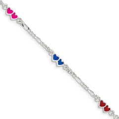 Sterling Silver Polished & Multi-color Enameled Double Heart with 1 Inch Extension Children's Bracelet