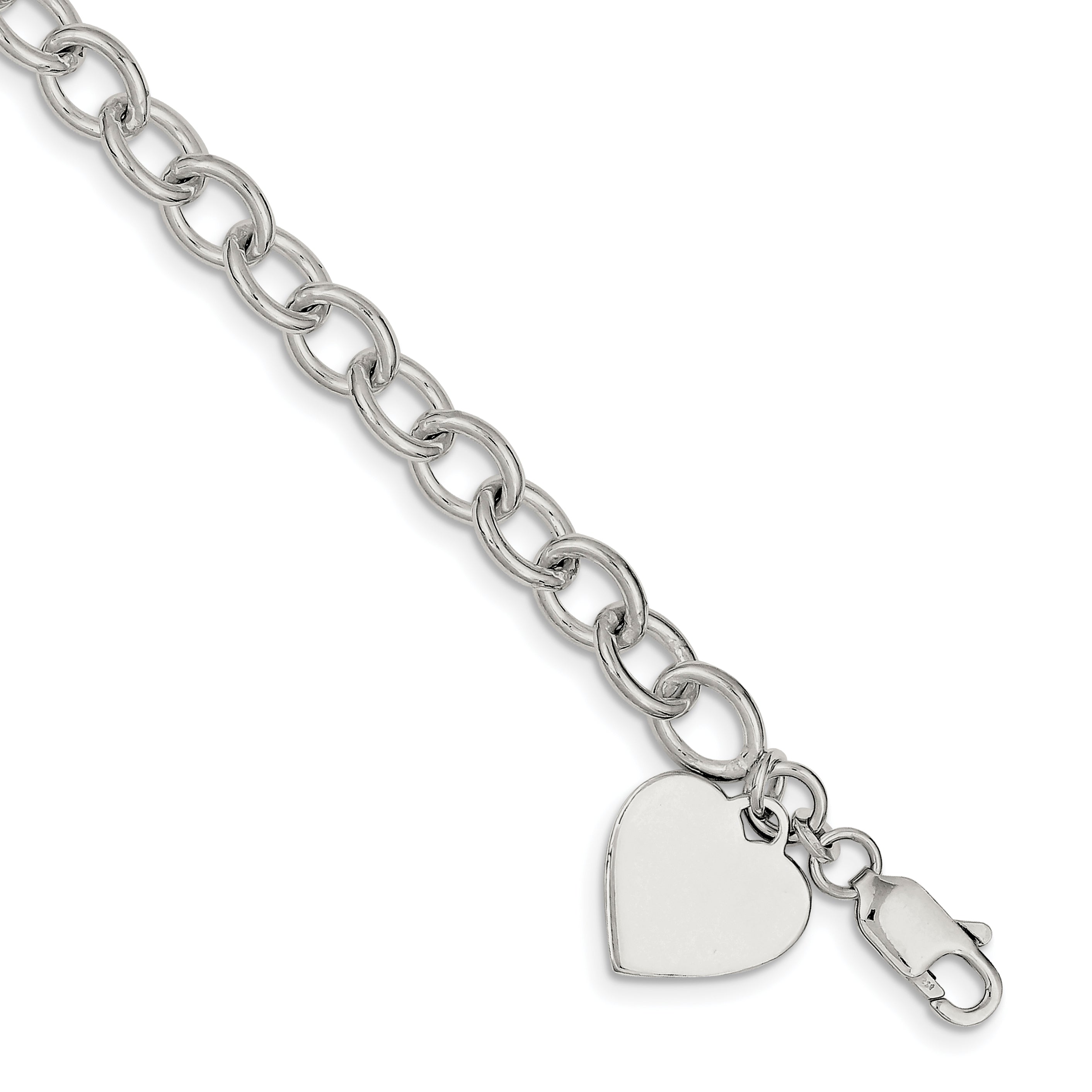 Sterling Silver Polished Heart Charm Fancy Link Bracelet