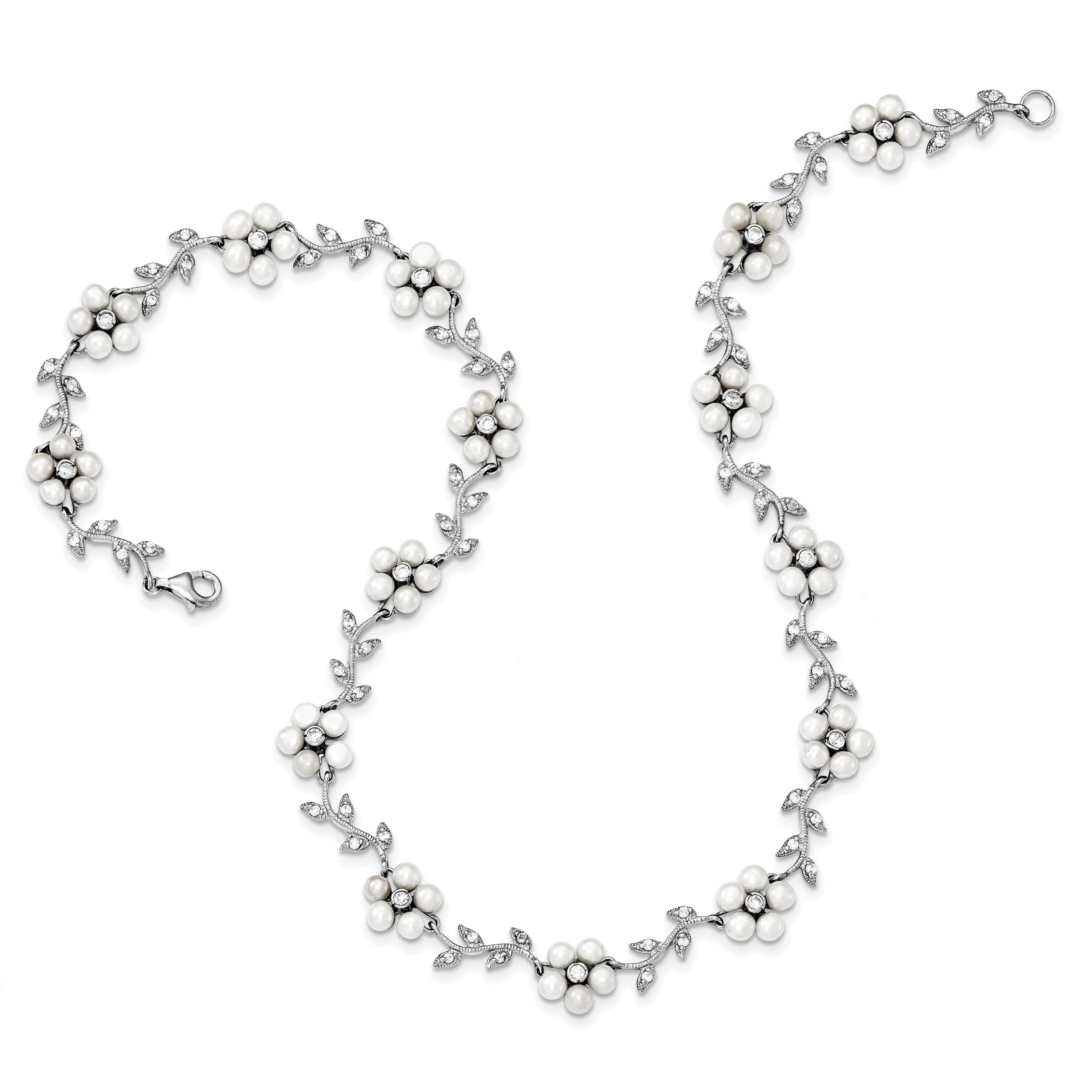 Sterling Silver Rhodium-plated CZ Vine Pattern and Fresheater Cultured Pearl Floral 16 inch Necklace
