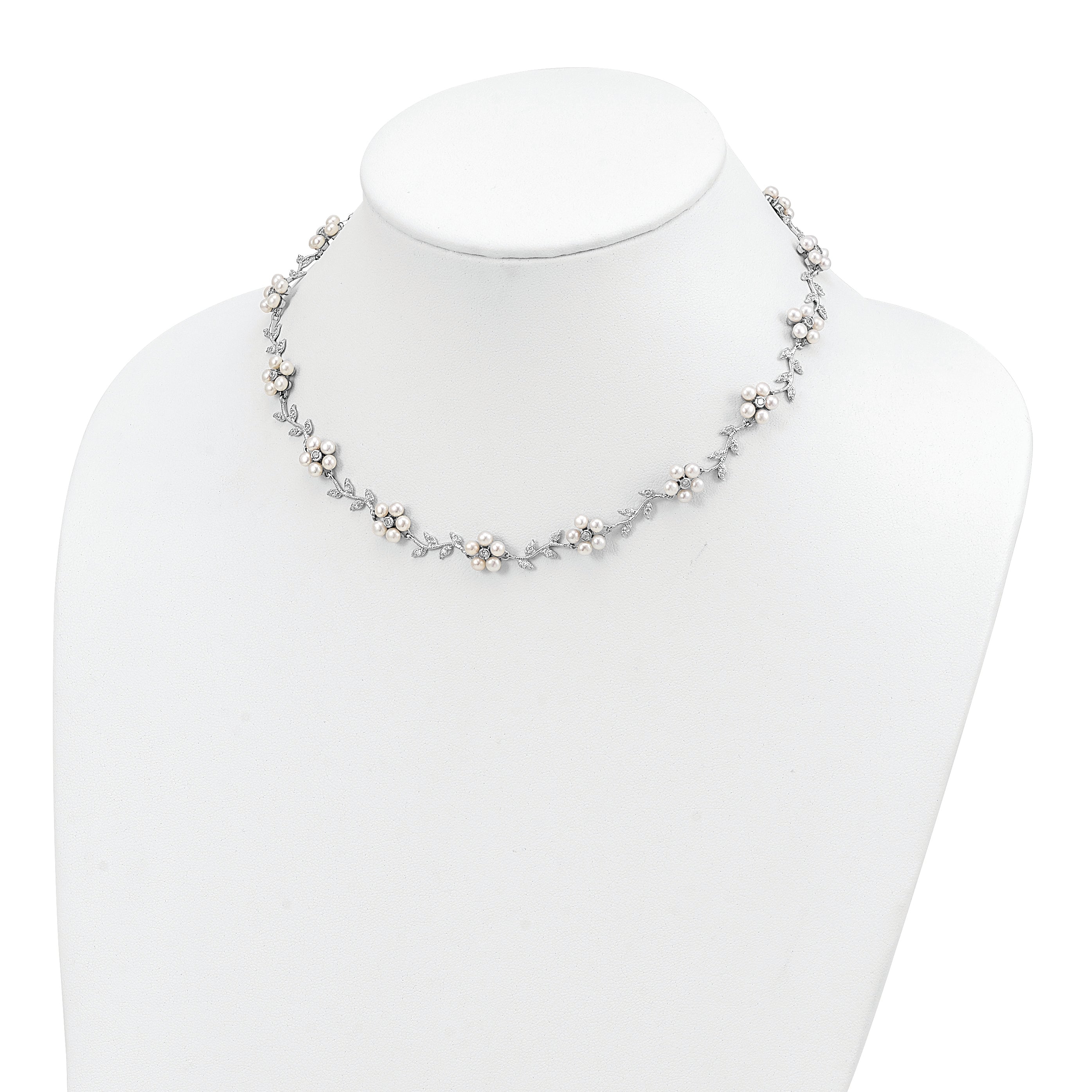 Sterling Silver Rhodium-plated CZ Vine Pattern and Fresheater Cultured Pearl Floral 16 inch Necklace