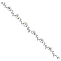 Sterling Silver Rhodium-plated CZ Vine Pattern and Fresheater Cultured Pearl Floral 7 inch Bracelet