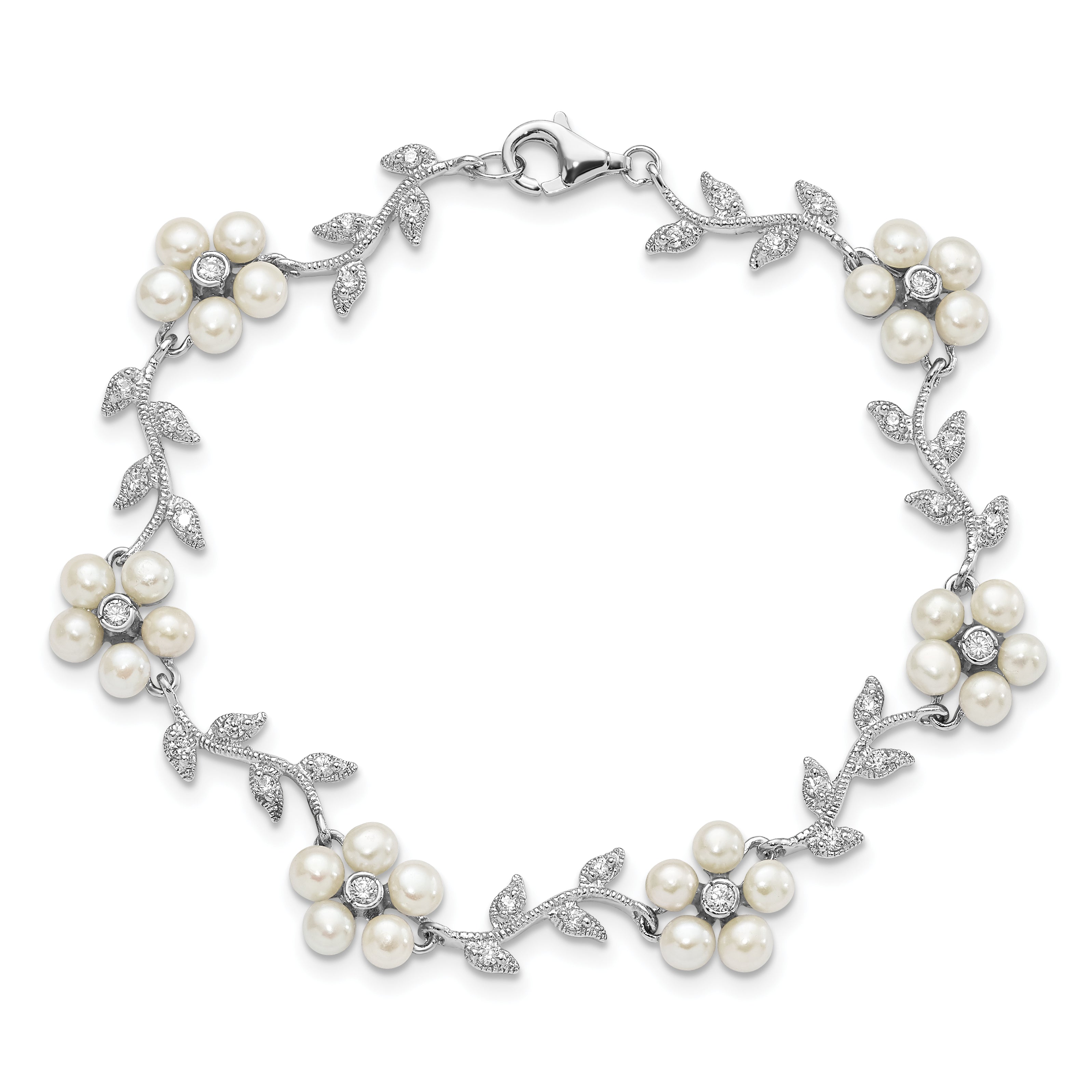 Sterling Silver Rhodium-plated CZ Vine Pattern and Fresheater Cultured Pearl Floral 7 inch Bracelet