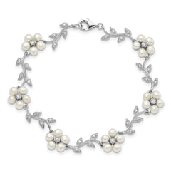 Sterling Silver Rhodium-plated CZ Vine Pattern and Fresheater Cultured Pearl Floral 7 inch Bracelet