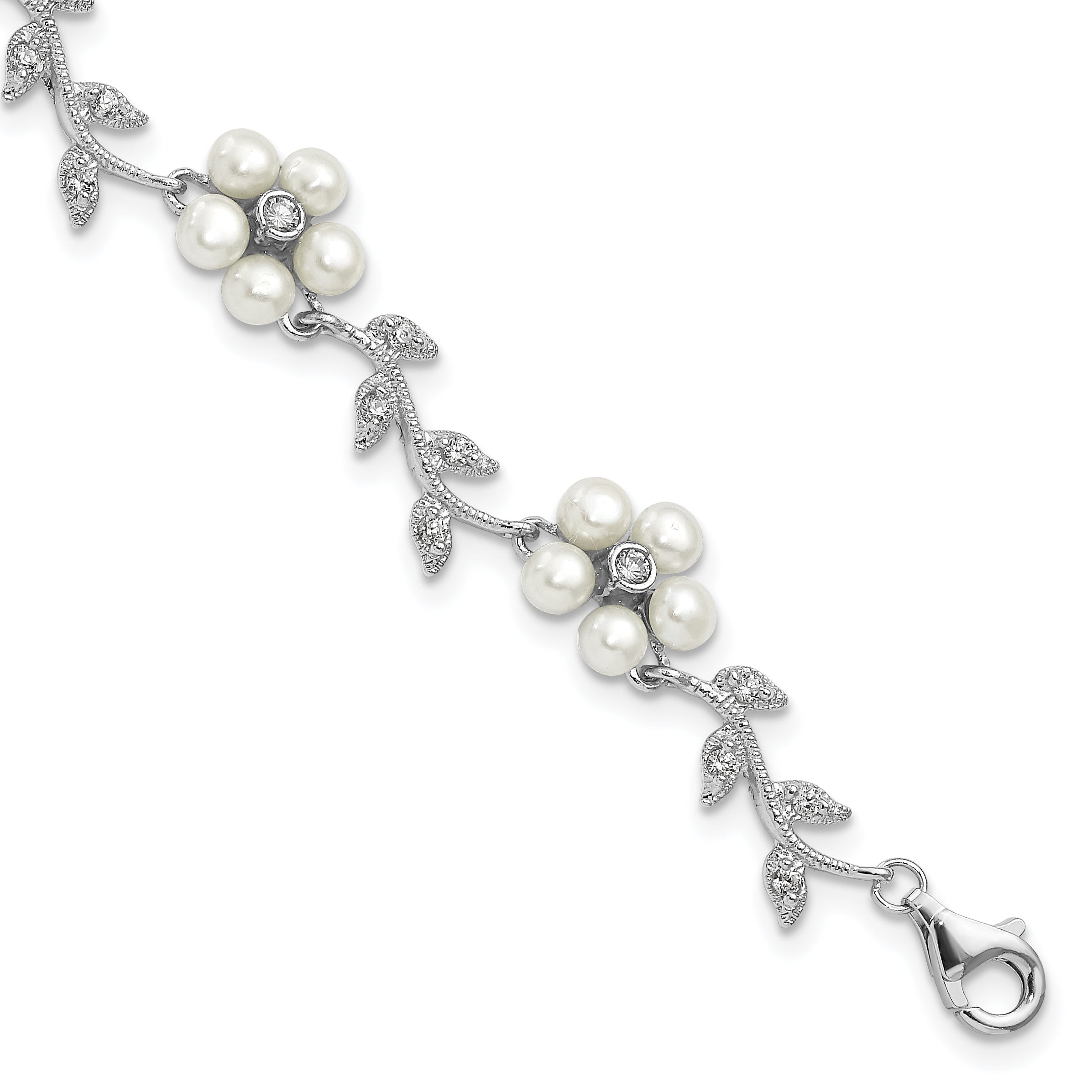 Sterling Silver Rhodium-plated CZ Vine Pattern and Fresheater Cultured Pearl Floral 7 inch Bracelet