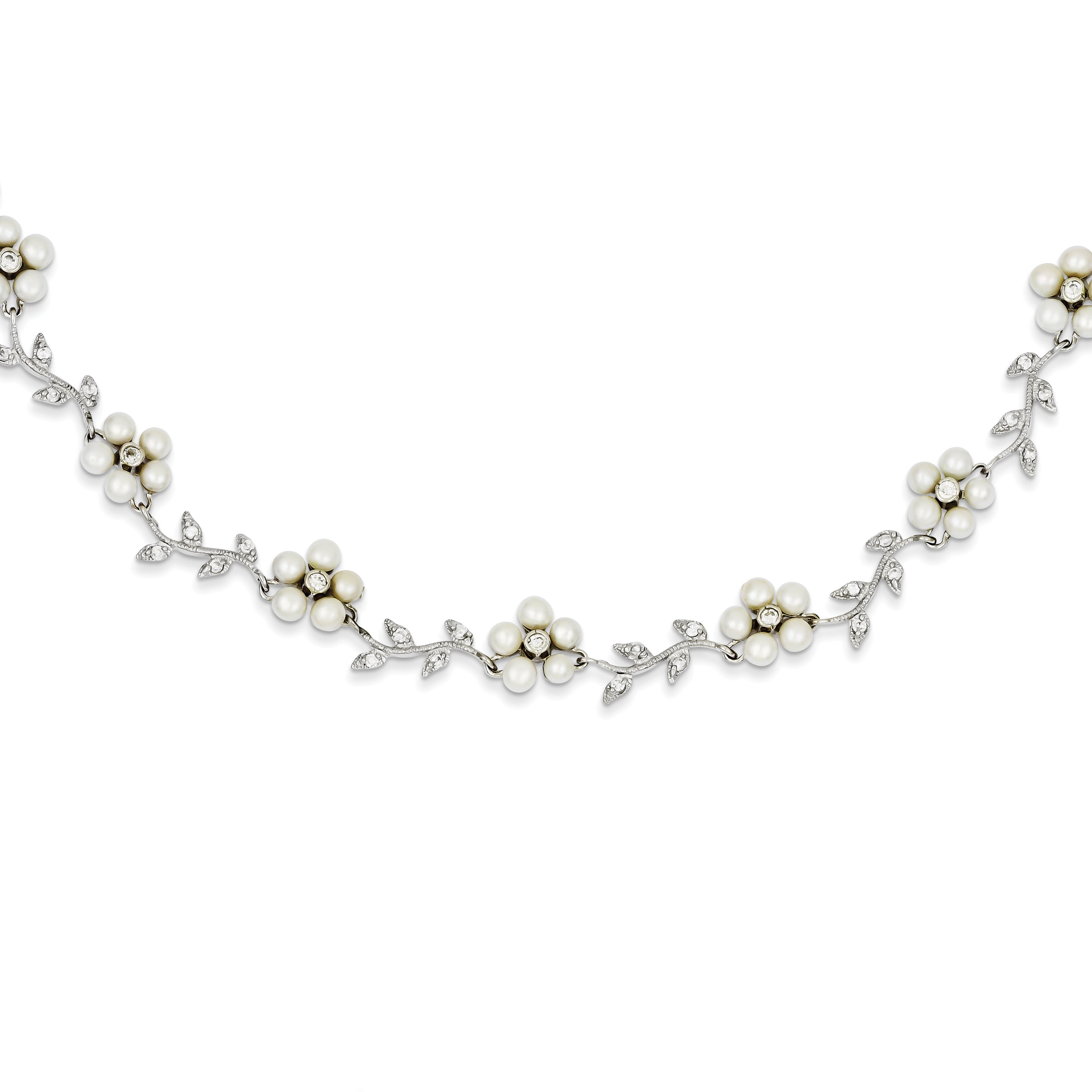 Sophia Jewelers Sterling Silver CZ Vine and Pearl 16-Inch Floral Necklace - 16
