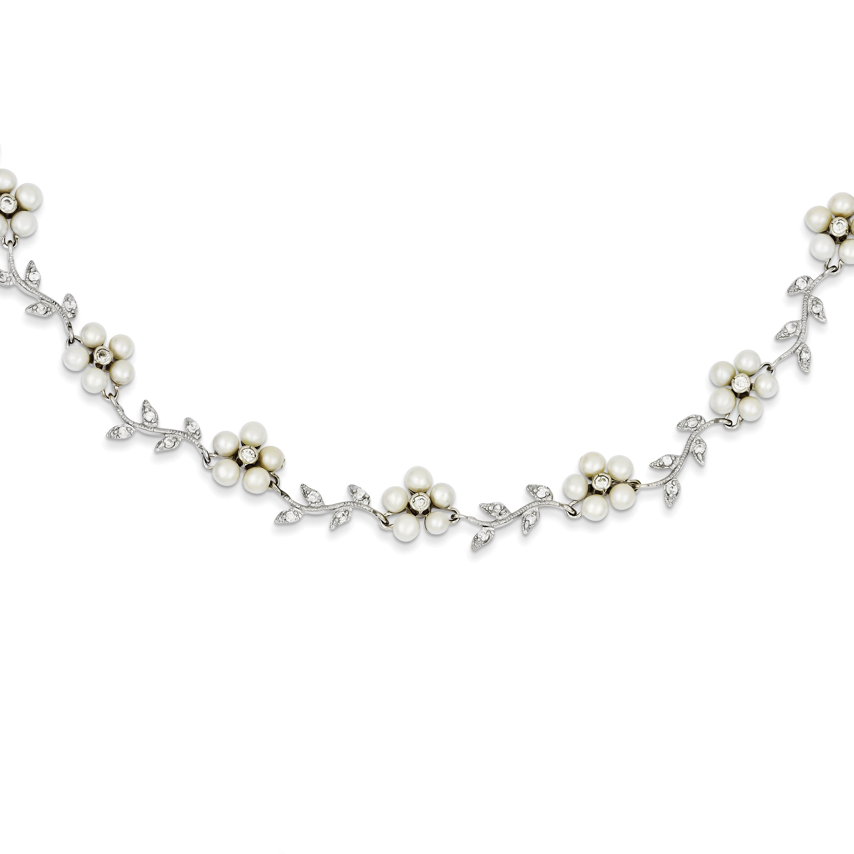 Sterling Silver Rhodium-plated CZ Vine Pattern and Fresheater Cultured Pearl Floral 16 inch Necklace