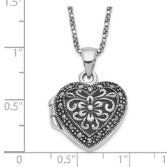 Sterling Silver 925 Floral Heart Locket Necklace with Marcasite Details