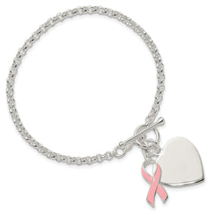 Sterling Silver Fancy Engraveable Heart with Pink Ribbon Bracelet