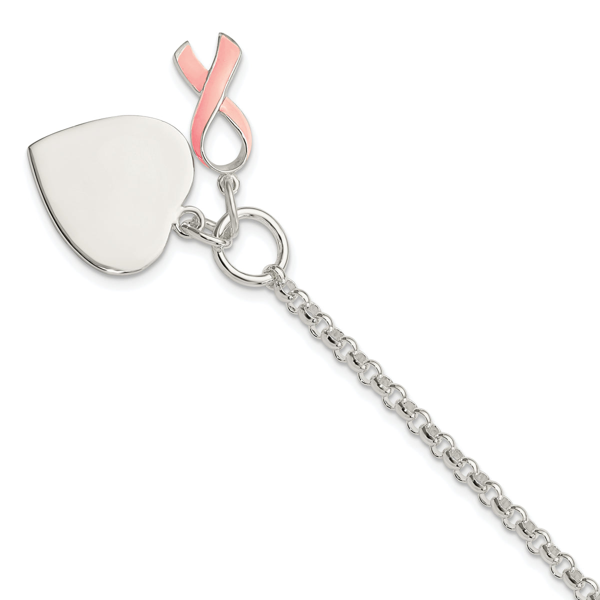Sterling Silver Fancy Engraveable Heart with Pink Ribbon Bracelet