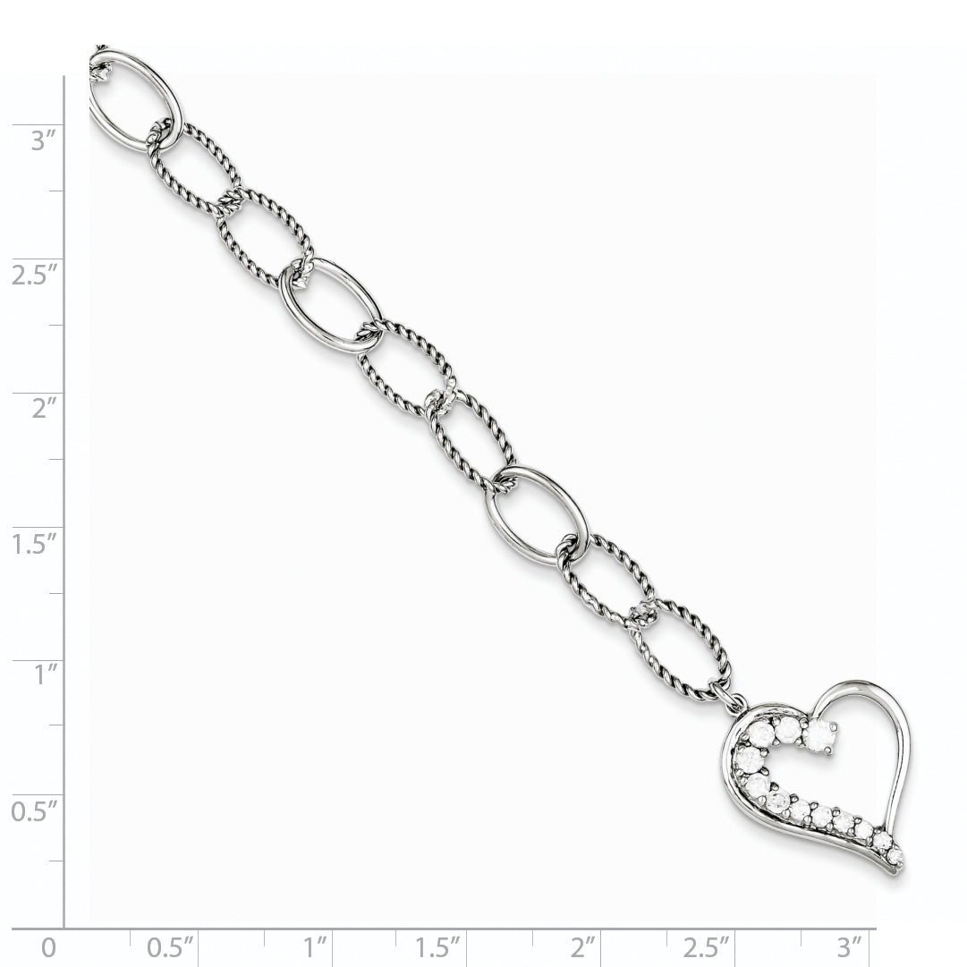 Sterling Silver Rhodium Plated Journey Heart CZ Dangle Bracelet - 7.5