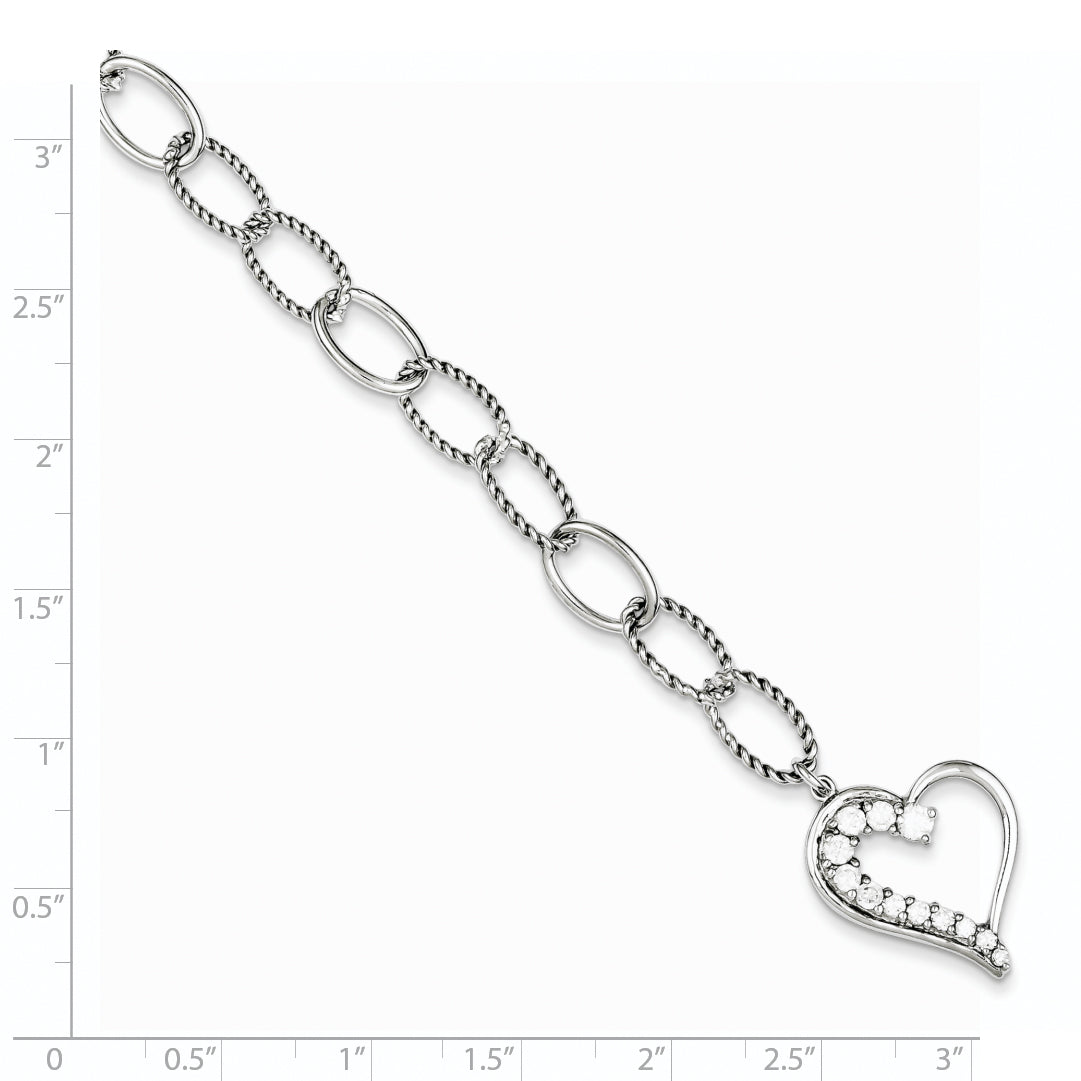 Sterling Silver Rhodium Plated Journey Heart CZ Dangle Bracelet