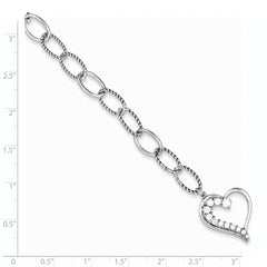 Sterling Silver Rhodium Plated Journey Heart CZ Dangle Bracelet - 7.5