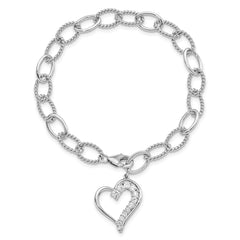 Sterling Silver Rhodium Plated Journey Heart CZ Dangle Bracelet - 7.5