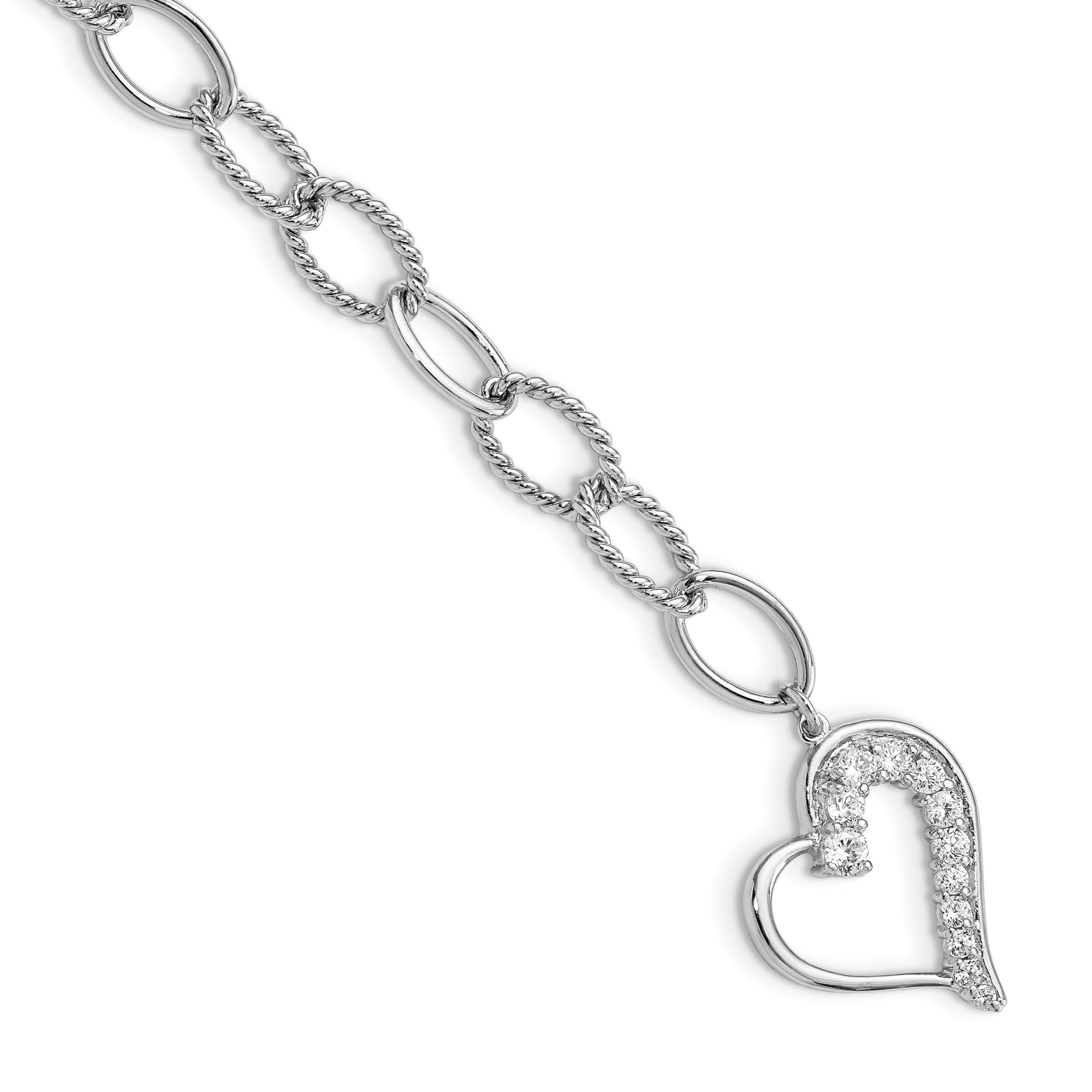 Sterling Silver Rhodium Plated Journey Heart CZ Dangle Bracelet