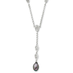Sterling Silver CZ & Grey FW Cultured Pearl 16in Necklace