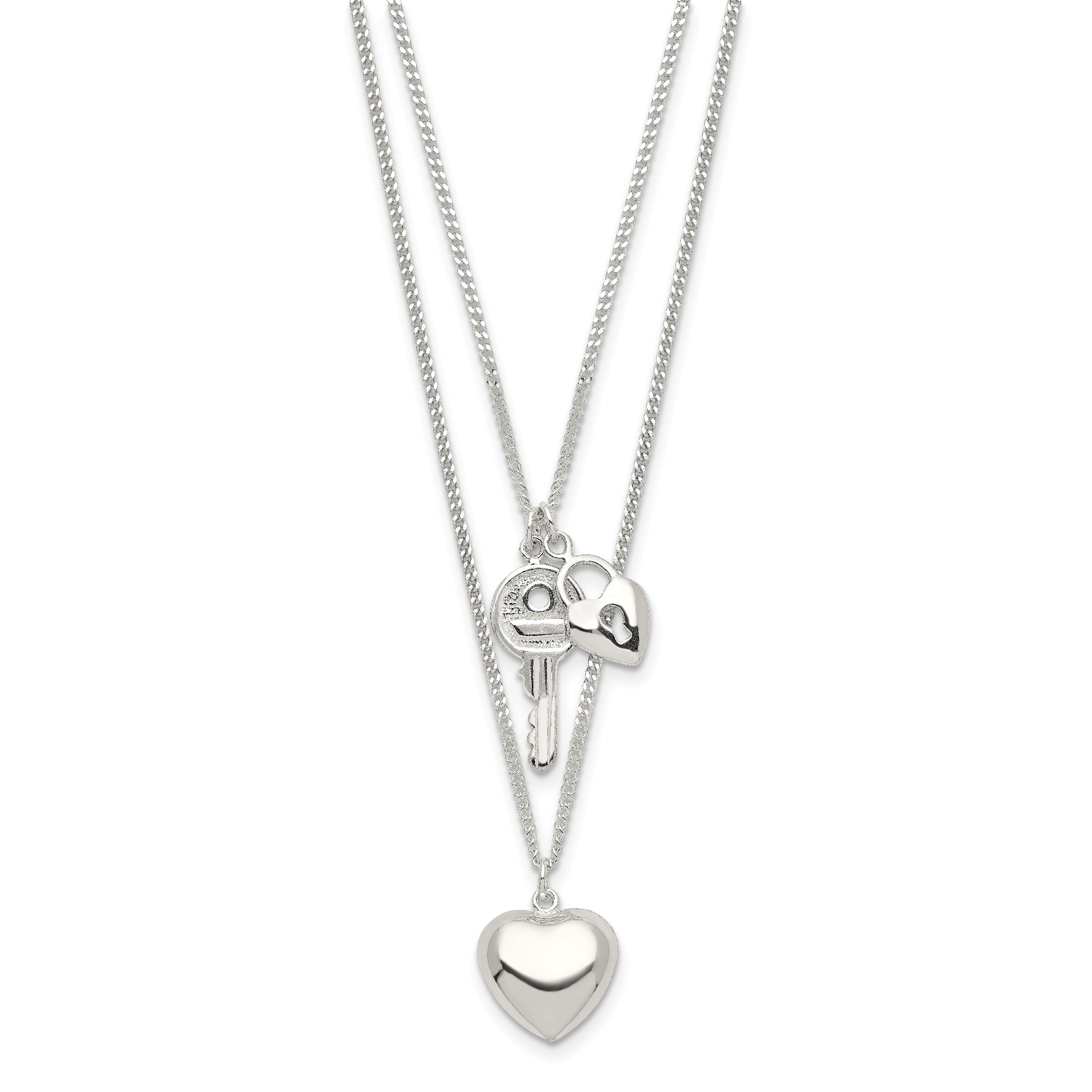 Sterling Silver Heart and Key Necklace Polished Anti-Tarnish