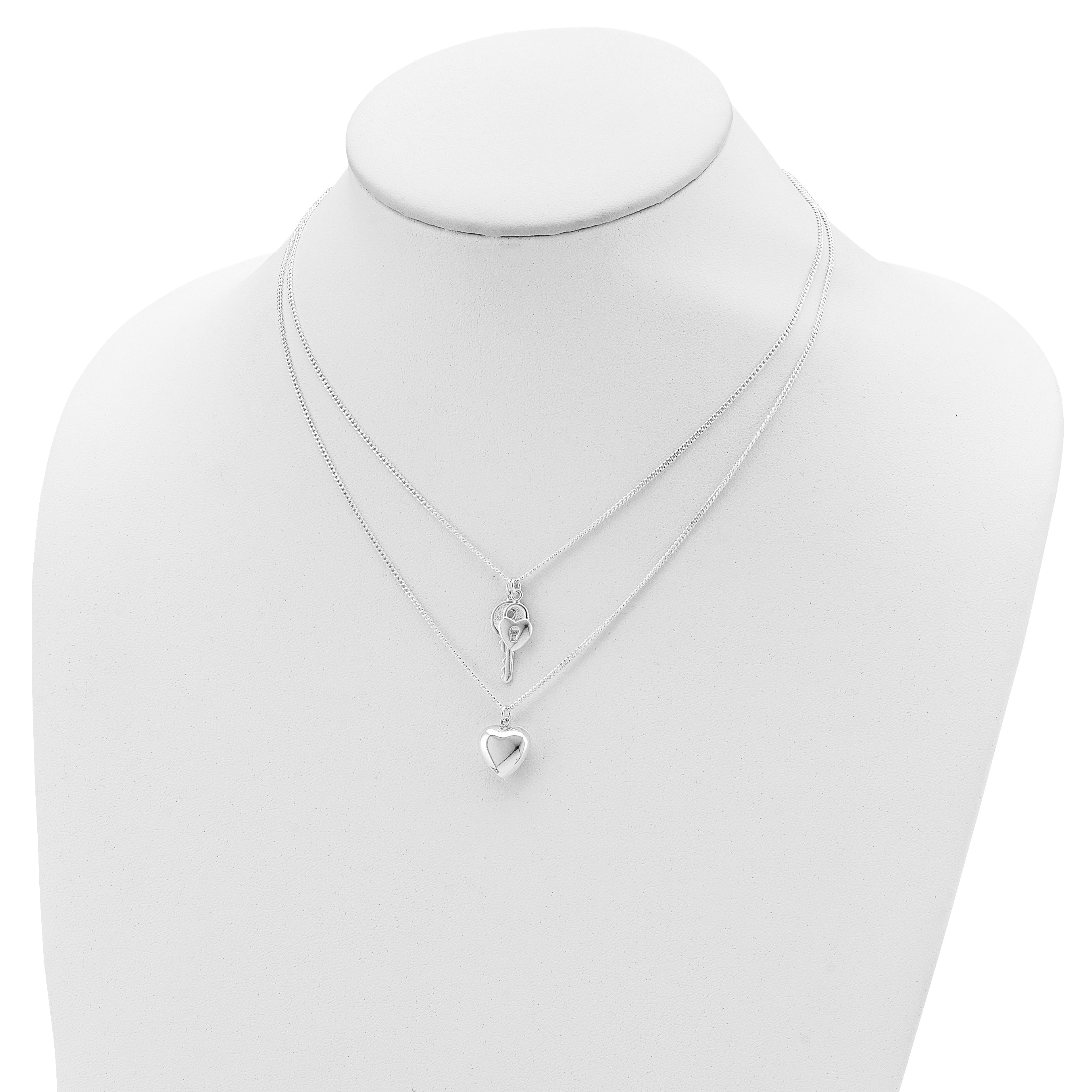 Sterling Silver Heart and Key Necklace Polished Anti-Tarnish