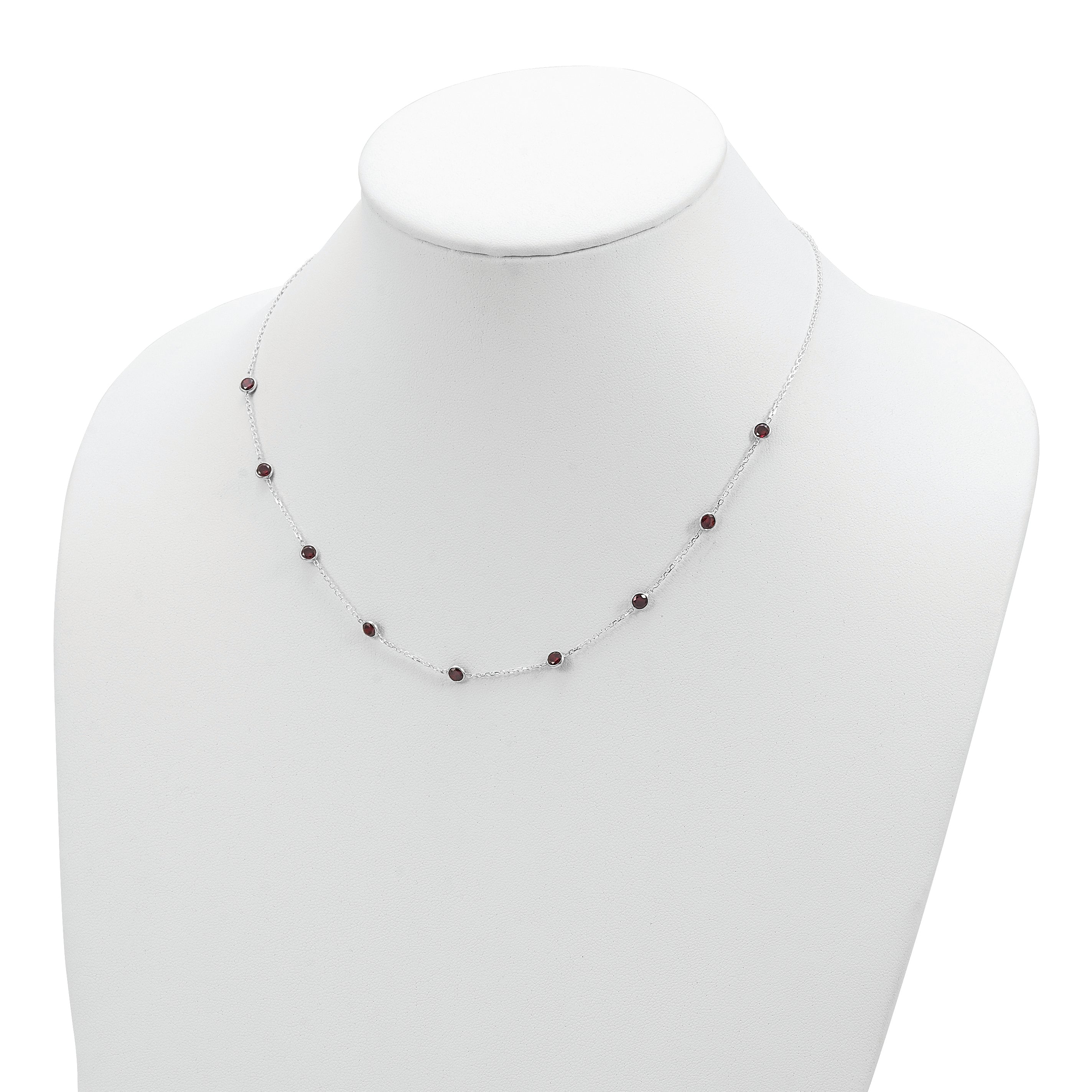 Sterling Silver 9-Station Red CZ Necklace with Polished Bezel Set