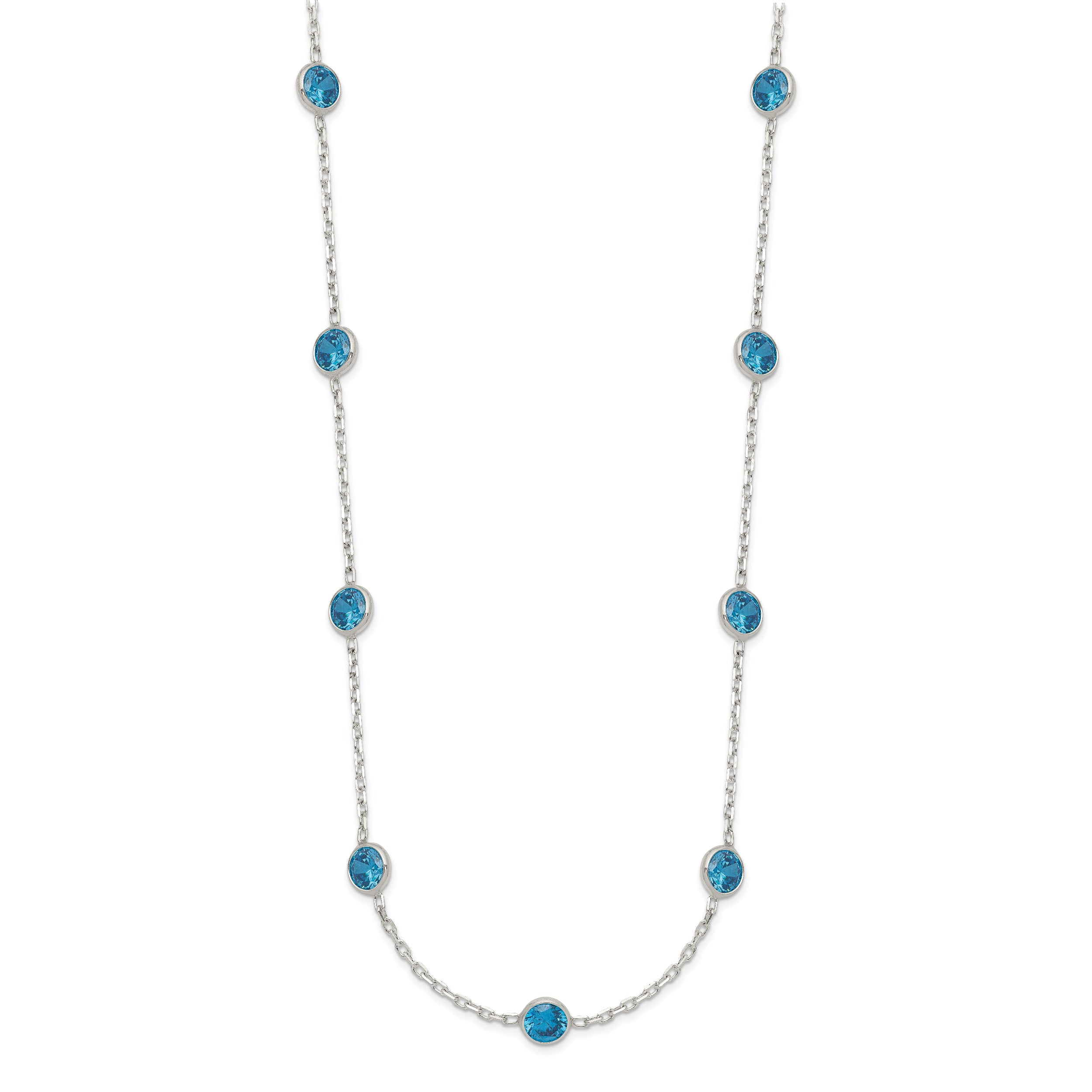 Sterling Silver 925 Blue CZ Necklace Elegant Bezel Set Women's Jewelry