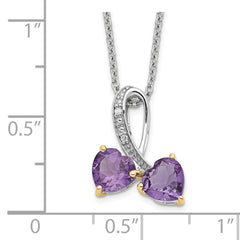 Brilliant Gemstones Sterling Silver with 14K Accent Rhodium-plated Amethyst and Diamond Heart 18 Inch Necklace with 2 Inch Extender