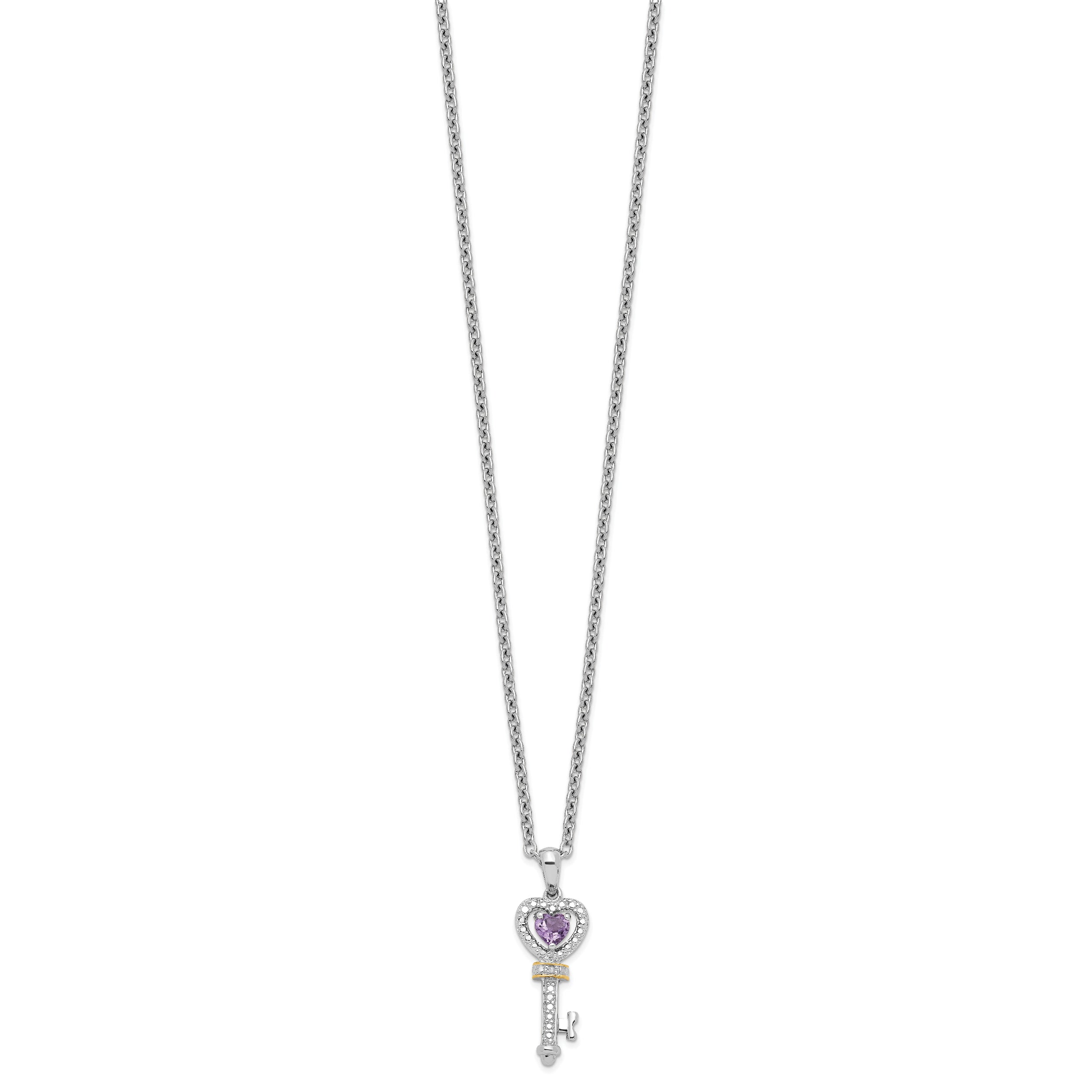 Brilliant Gemstones Sterling Silver with 14K Accent Rhodium-plated Amethyst and Diamond Key 18 Inch Necklace