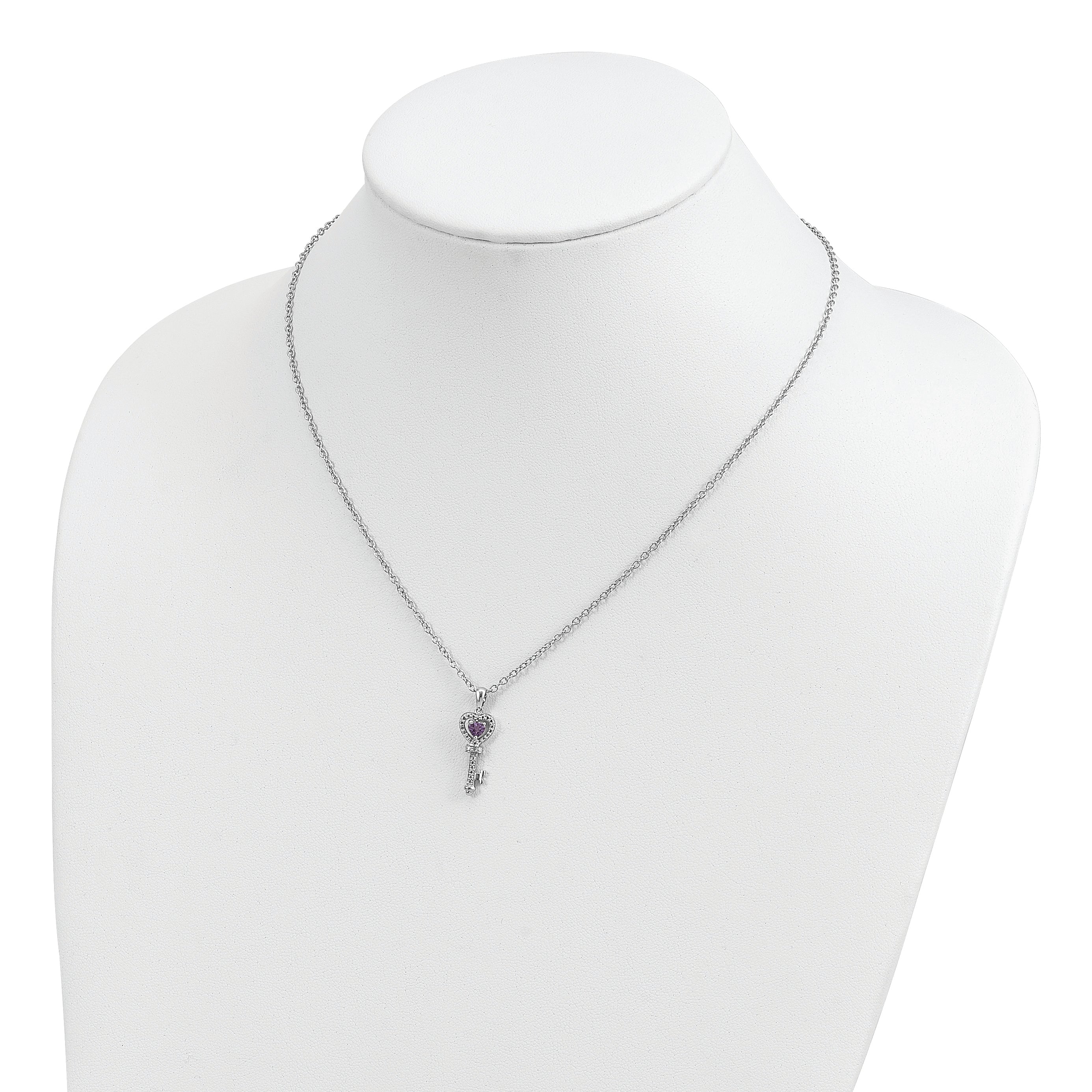 Sterling Silver 14K Accent Amethyst Diamond Key Necklace Elegant Women's Jewelry