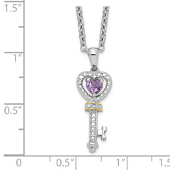 Sterling Silver 14K Accent Amethyst Diamond Key Necklace Elegant Women's Jewelry