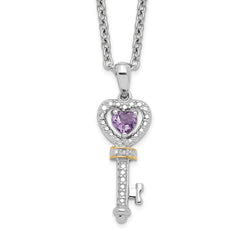 Brilliant Gemstones Sterling Silver with 14K Accent Rhodium-plated Amethyst and Diamond Key 18 Inch Necklace