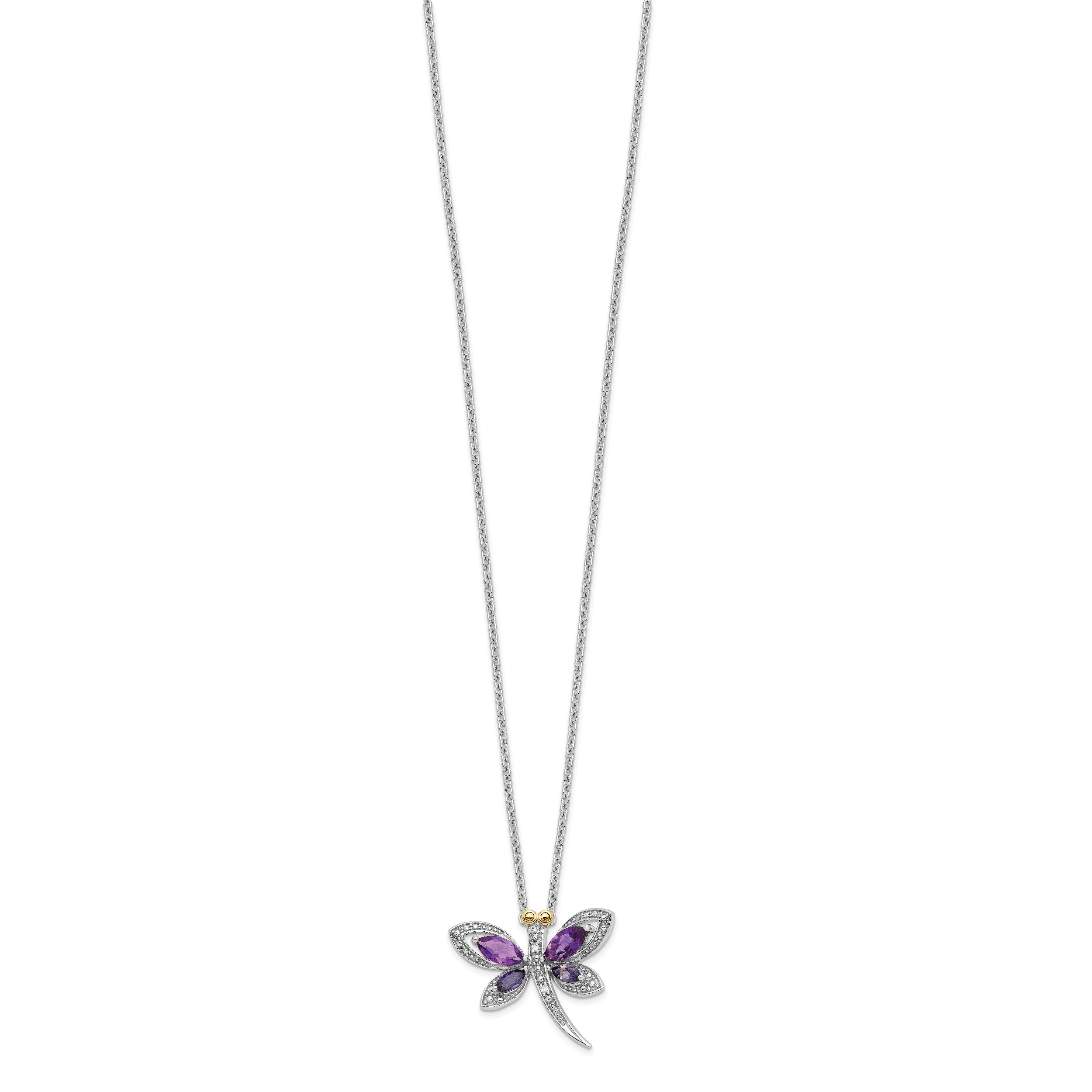 Sterling Silver Dragonfly Necklace with Amethyst, Iolite, and Diamond Accents