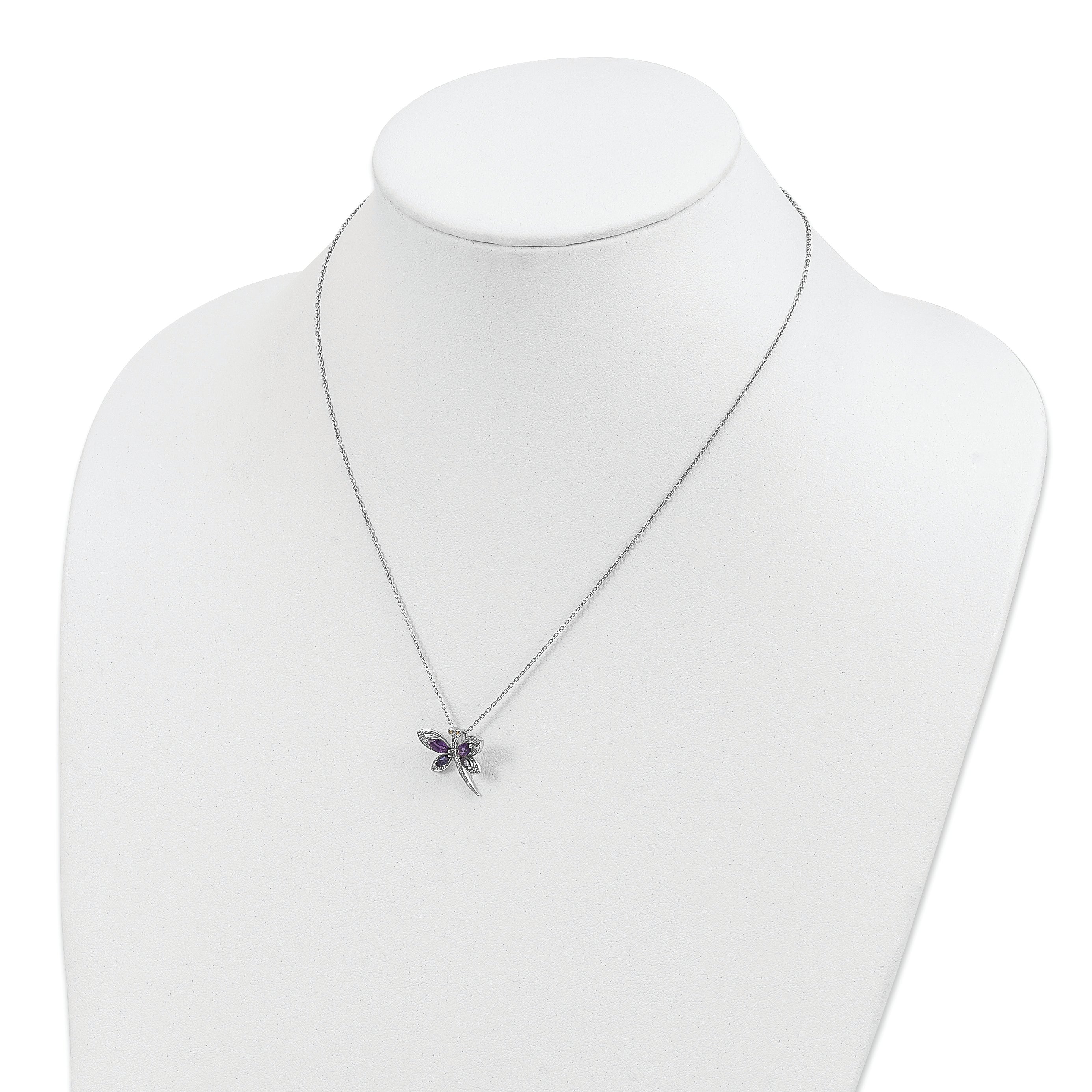 Brilliant Gemstones Sterling Silver with 14K Accent Rhodium-plated Amethyst and Iolite and Diamond Dragonfly 18 Inch Necklace with 2 Inch Extender