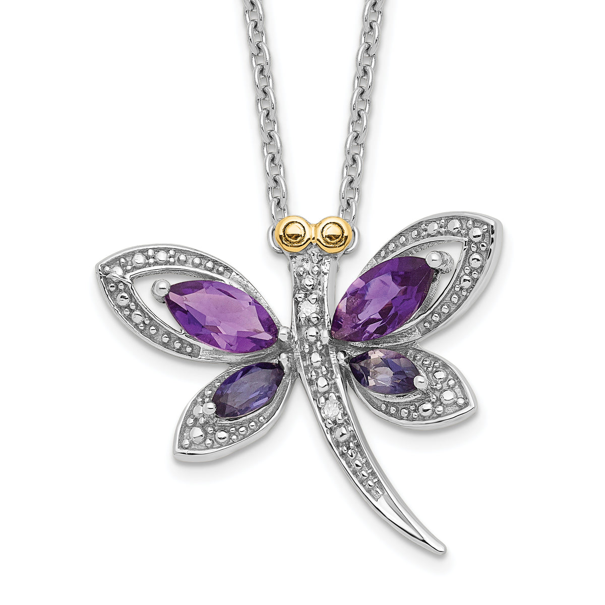 Brilliant Gemstones Sterling Silver with 14K Accent Rhodium-plated Amethyst and Iolite and Diamond Dragonfly 18 Inch Necklace with 2 Inch Extender
