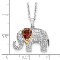 Brilliant Gemstones Sterling Silver with 14K Accent Rhodium-plated Garnet and Diamond Elephant 18 Inch Necklace with 2 Inch Extender