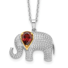 Brilliant Gemstones Sterling Silver with 14K Accent Rhodium-plated Garnet and Diamond Elephant 18 Inch Necklace with 2 Inch Extender