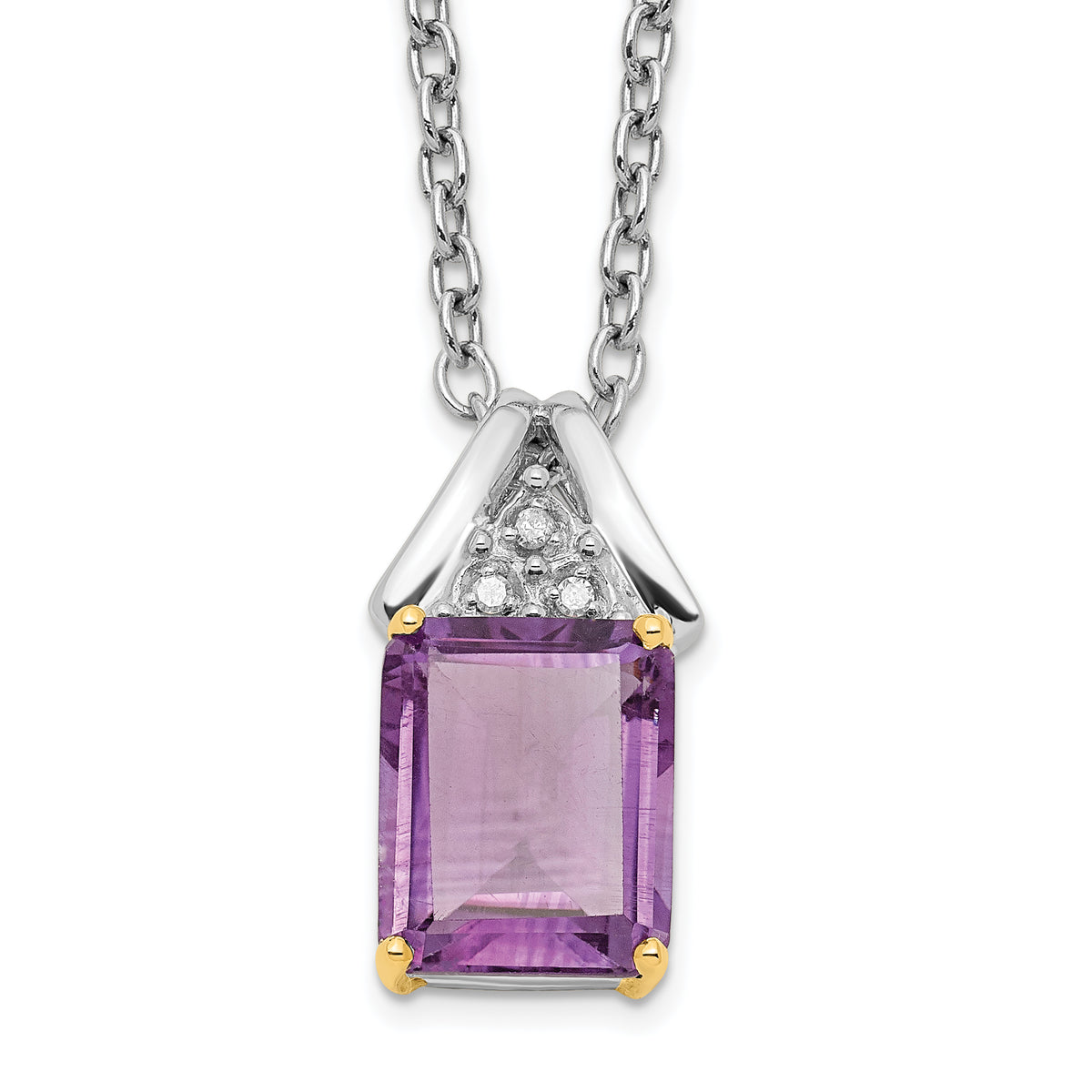 Brilliant Gemstones Sterling Silver with 14K Accent Rhodium-plated Amethyst and Diamond 18 Inch Necklace with 2 Inch Extender