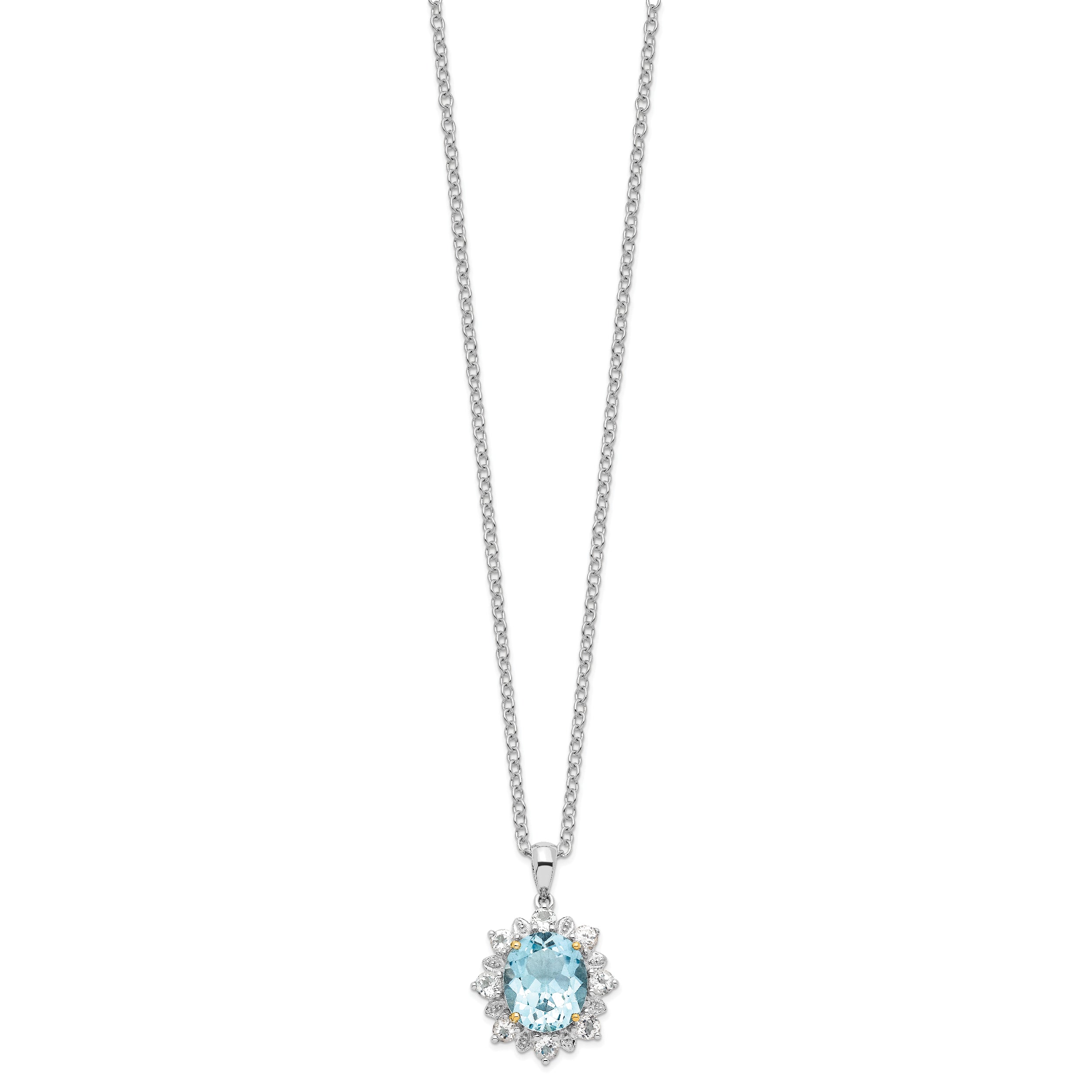 Brilliant Gemstones Sterling Silver with 14K Accent Rhodium-plated Sky Blue Topaz and White Topaz 18 Inch Necklace with 2 Inch Extender