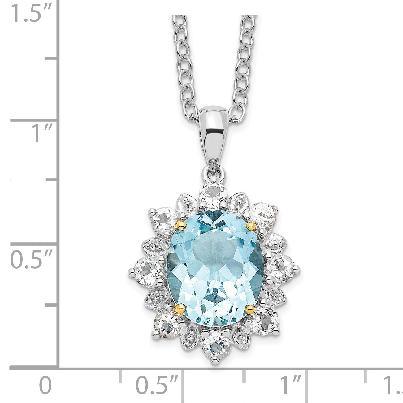 Brilliant Gemstones Sterling Silver with 14K Accent Rhodium-plated Sky Blue Topaz and White Topaz 18 Inch Necklace with 2 Inch Extender