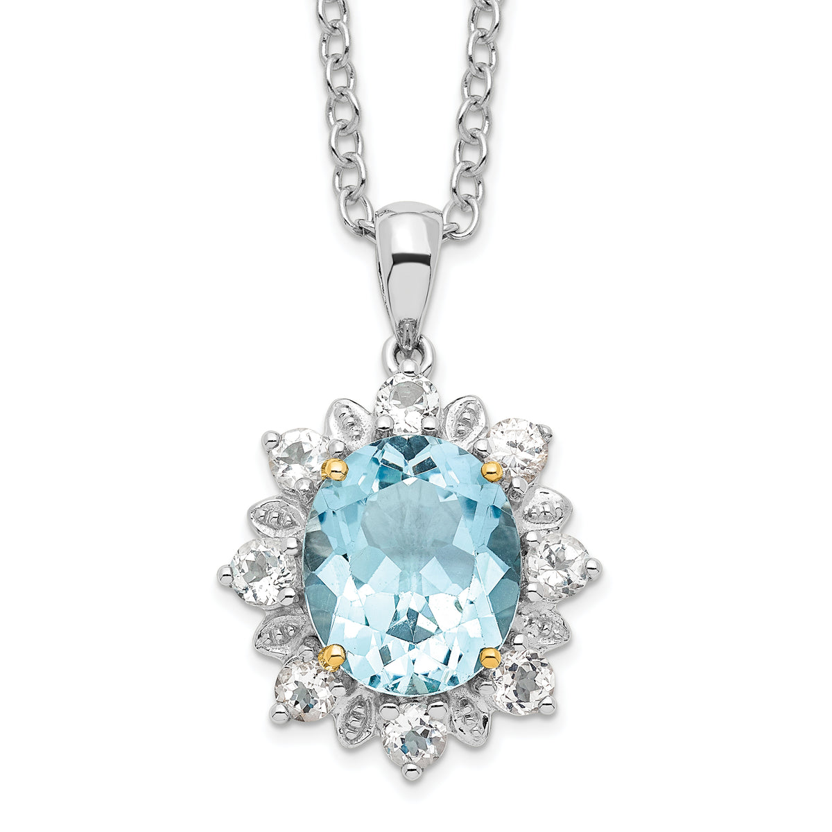 Brilliant Gemstones Sterling Silver with 14K Accent Rhodium-plated Sky Blue Topaz and White Topaz 18 Inch Necklace with 2 Inch Extender